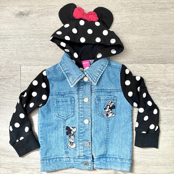 Disney Other - Disney Minnie Mouse Jean Denim Jacket White Polka Dots Minnie Ears Bow Hood 2T